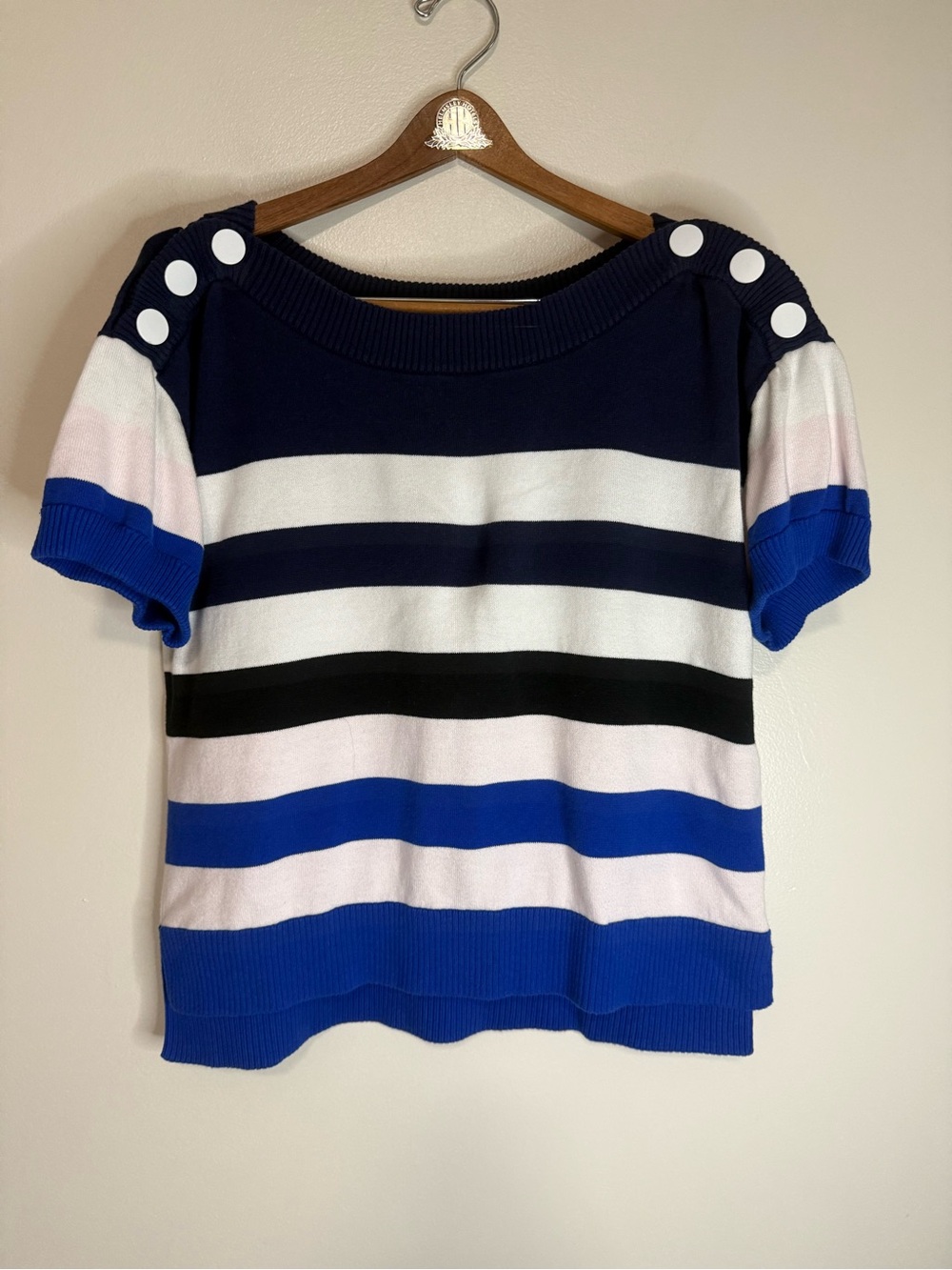 CABI Striped Short-Sleeve Knit Top in Navy, White & Blue size medium